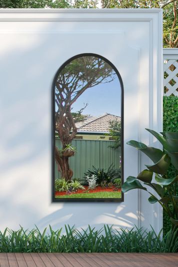 The Arcus - Black Metal Framed Arched Garden Wall Mirror 47" X 23.5" (120CM X 60CM)