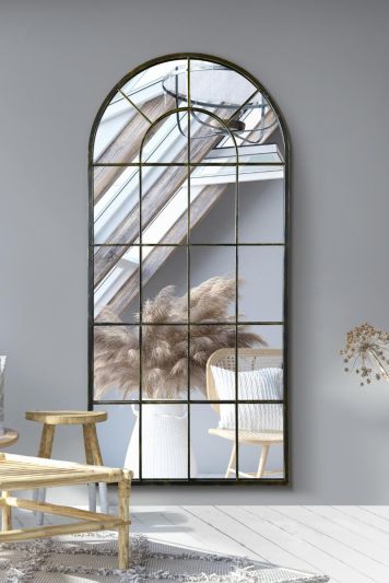 The Arcus - Antique Black Framed Arched Window Leaner/Wall Mirror 71" X 33.5" (180x85CM)