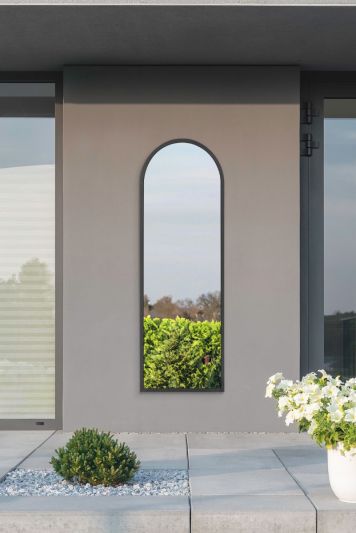 The Arcus -  Black Metal Framed Arched Garden Wall Mirror 63" X 21" (160CM X 53CM)