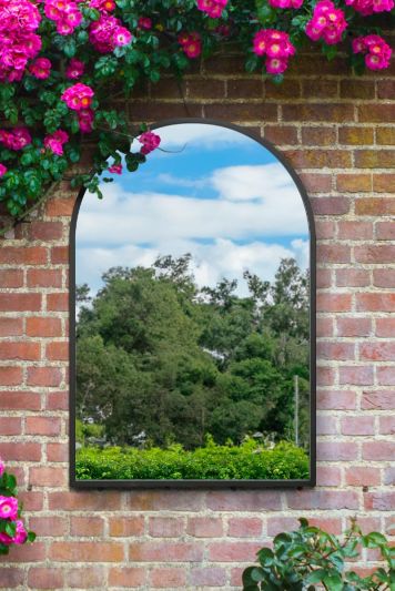 The Arcus - Black Metal Framed Arched Garden Wall Mirror 47" X 31" (120CM X 80CM). Suitable for Outside and Inside.