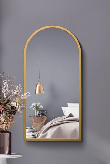 The Arcus - Gold Metal Framed Arched Wall Mirror 31" X 16" (80CM X 40CM). Suitable for Inside and Outside.