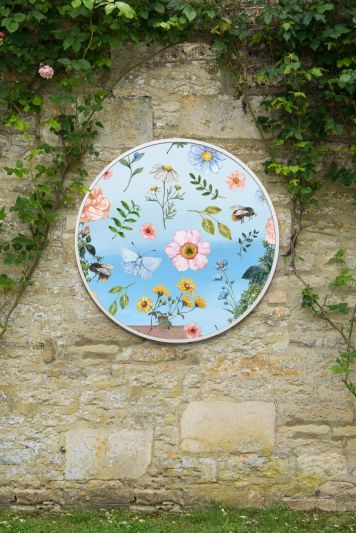 The Typis - White Metal Edged Circular Modern Garden Wall Mirror With Colour Flower Decals 31" (80CM) Diameter