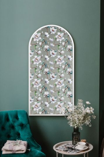 The Typis - White Metal Edged Arch Modern Wall Mirror With White Flower Decals 47" X 24" (120CM X 60CM)