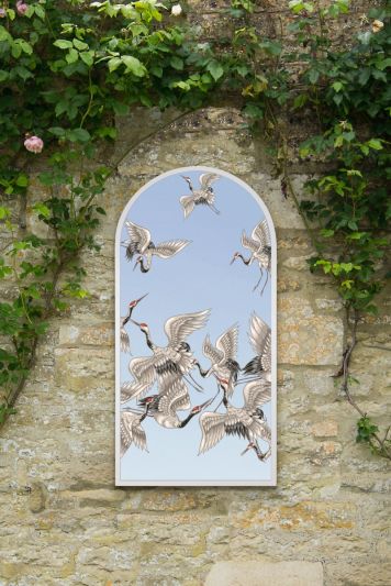 The Typis - White Metal Edged Arch Modern Garden Wall Mirror With Stork Decals 47" X 24" (120CM X 60CM)