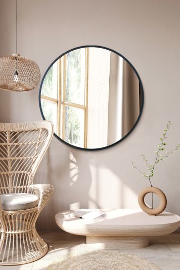 Round Metal Bathroom Mirror 90cm – Large Circular Wall Mounted Mirror – Modern Black Frame Vanity Mirror – Contemporary Bathroom, Toilet, Ensuite